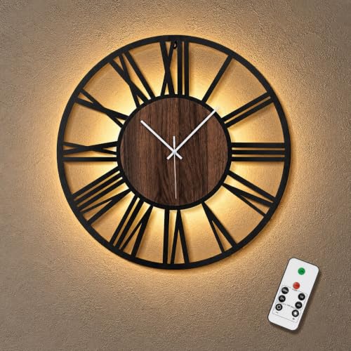 Large Lighted Wood Wall Clock Remote Control, Roman Numeral Modern Decorative Clock with Silent Movement, Battery Operated Clocks for Living Room Decor - size: 24inch-60cm