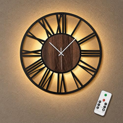 Large Lighted Wood Wall Clock Remote Control, Roman Numeral Modern Decorative Clock with Silent Movement, Battery Operated Clocks for Living Room Decor - size: 24inch-60cm