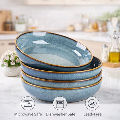 GBhome 8.75'' Large Ceramic Pasta Bowls, 38oz Stoneware Pasta Serving Bowls Set of 4 for Kitchen, Wide Bowls for Fruit,Pasta,Salad,Oatmeal,Meal, Microwave Safe, Reactive Glaze-Space Blue - color: Space Blue