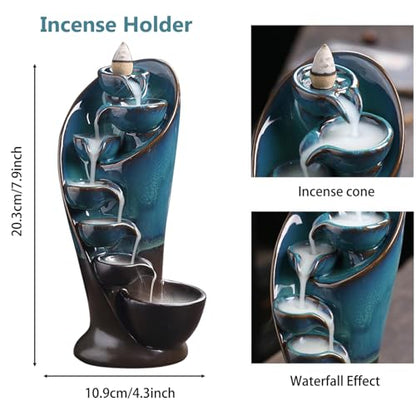 YYW Backflow Incense Burner Holder Handmade Statue Decor Fountain Waterfall Incense Holder with 20 Backflow Incense Cones 30 Incense Sticks 1 Tweezer 1 Mat for Indoor Meditation Yoga (Blue) | Includes 20 Backflow Incense Cones 30 Incense Sticks 1 Tweezer