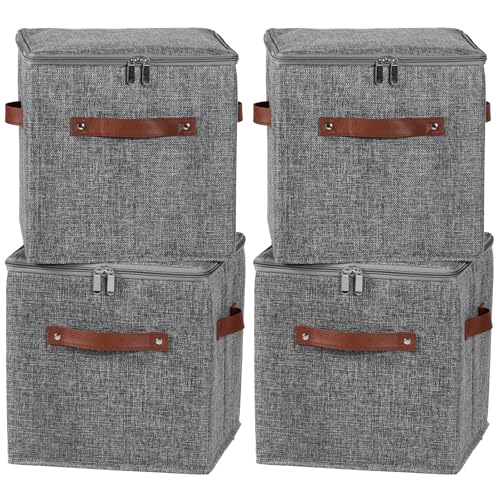 4PCS Storage Cubes with Lids Cotton Linen Fabric Bins Boxes | Decorative Foldable Washable Closet Shelf Organizer Clothes Container with PU Leather Handles, Zipper Lid, Gray, 11in - color: Gray ( Zipper Lid ), size: Set of 4 ( 11 in )