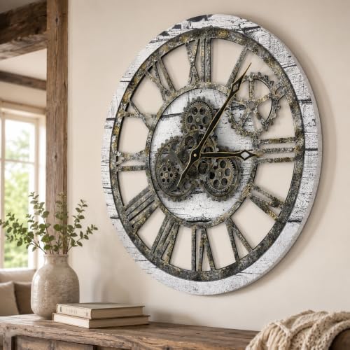 HOIBAI Vintage Industrial Wall Clock, 24 Inch, Rustic Natural Wood, Moving Gears, Silent Non-Ticking, Easy Installation, Large Wall Clock for Living Room Decor | Farmhouse/ Rustic Natural Wood/Oversized Moving Gears/Living Room House Warming Gift/Silent N