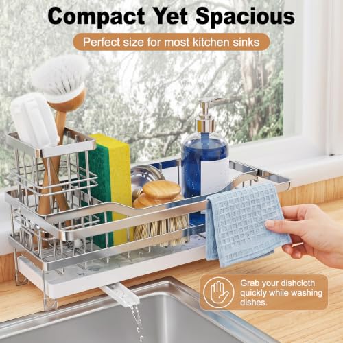Sponge Holder for Kitchen Sink, Self-draining Sink Caddy with Towel Rack and Brush Holder, Metal Kitchen Countertop Organizers and Storage Essentials, Silver - color: Silver