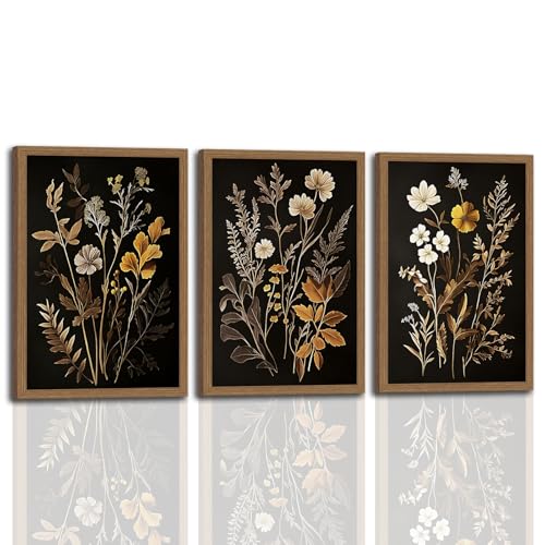 3Pcs Framed Vintage Moody Black Flower Beautiful Wildflower Botanical Wall Art Canvas Prints Dark Academia Fall Floral Poster Painting Picture for Dining room Bedroom Living Room bathroom 16x24in - color: Wildflower Botanical, size: 16x24 Inches