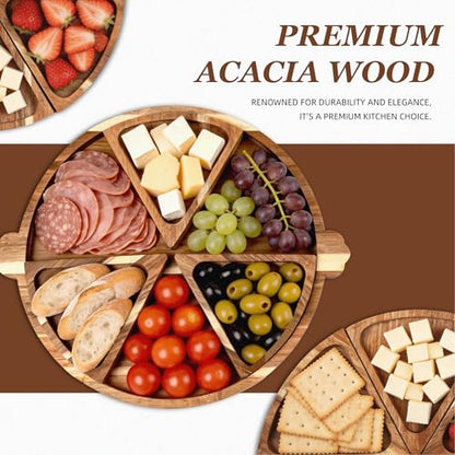 Acacia Wood Serving Tray with Handles, Round Charcuterie Boards with 6 Detachable Pizza Trays, Wooden Decorative Tray for Party, Coffee Table Tray for Home Decor, Bathroom, Kitchen Counter