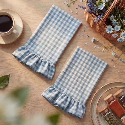 HunnmingRe 2 Pcs Dusty Blue Gingham Kitchen Towels Cotton Ruffle Dish Towel | 100% Cotton Dish Cloths, 18x28 Inch Tea Towels For Farmhouse Gifts, Soft Absorbent, Drying Dishes, Classic Plaid Pattern - color: Dusty Blue, style: Gingham