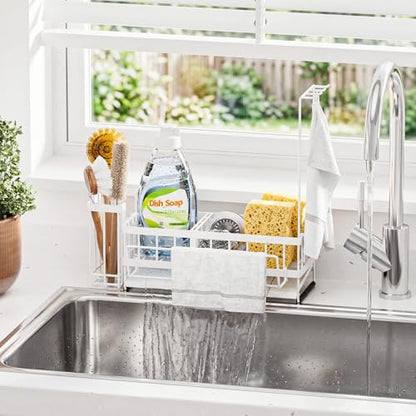 Kitchen Sink Organizer, Stainless Steel Sponge Holder, White | Rust-Resistant Steel, Detachable Draining Board, Compartment Divider, Brush Holder & Towel Bar, Ideal for Kitchen Storage - color: White