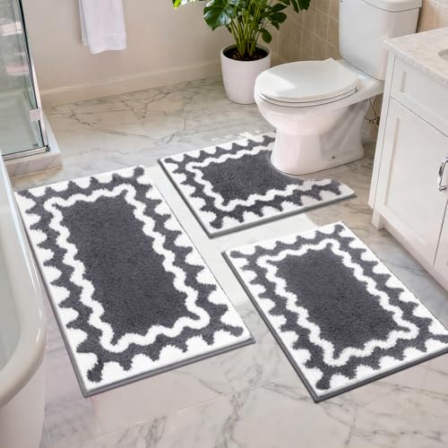 Findosom Bathroom Rugs Sets 5 Piece, Absorbent Soft Non-Slip Bath Rug Set | Washable Microfiber Shaggy Bath Mat Set with Bathroom Runner Rug, U-Shaped Toilet Rugs, Shower Rug&Toilet Lid Cover,Dark Gray - color: Dark Gray & White, size: 18"x26"+20"x32"+20"