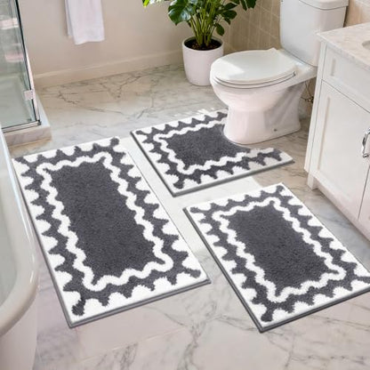 Findosom Bathroom Rugs Sets 5 Piece, Absorbent Soft Non-Slip Bath Rug Set | Washable Microfiber Shaggy Bath Mat Set with Bathroom Runner Rug, U-Shaped Toilet Rugs, Shower Rug&Toilet Lid Cover,Dark Gray - color: Dark Gray & White, size: 18"x26"+20"x32"+20"