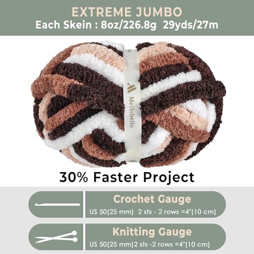 Jumbo Chunky Yarn for Hand Knitting - Super Thick Chenille Chunky Yarn for Crocheting - Extra Soft Bulky Fluffy Blanket Big Yarns 8 Jumbo Pack (27yds,8 oz Each Skein) - color: Cocoa Drif