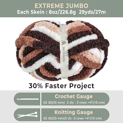 Jumbo Chunky Yarn for Hand Knitting - Super Thick Chenille Chunky Yarn for Crocheting - Extra Soft Bulky Fluffy Blanket Big Yarns 8 Jumbo Pack (27yds,8 oz Each Skein) - color: Cocoa Drif