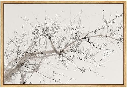 SIGNFORD Framed Canvas Print Wall Art Abstract Ink Tree Branch Illustrations Modern Art Decorative Minimal Relax/Zen for Living Room, Bedroom, Office - 16"x24" Natural - color: B01-landscape-m10, size: 24"L x 16"W