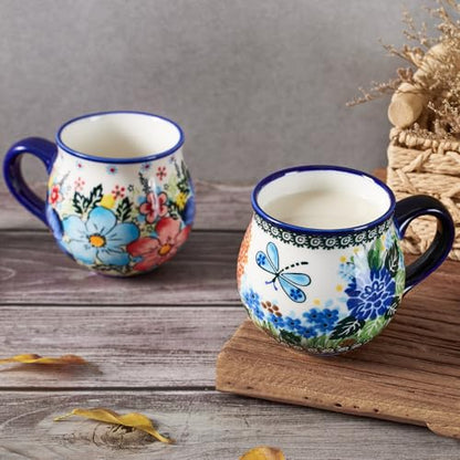 13oz Ceramic Coffee Mug, Hand-Painted Floral Polish Pottery Style Cup, Large Stoneware Tea Mug with Handle, Microwave & Dishwasher Safe (Butterfly and flower B) - color: Butterfly and flower B