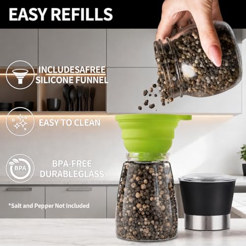Premium Salt and Pepper Grinder Set of 2, 6 oz Refillable Glass Salt and Pepper Shakers with Adjustable Ceramic Grinder, Manual Pepper Mill Set Includes Funnel & Cleaning Brush, Transparent Lid - color: Black, size: 2.6"W x 5"H