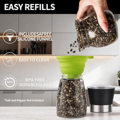 Premium Salt and Pepper Grinder Set of 2, 6 oz Refillable Glass Salt and Pepper Shakers with Adjustable Ceramic Grinder, Manual Pepper Mill Set Includes Funnel & Cleaning Brush, Transparent Lid - color: Black, size: 2.6"W x 5"H