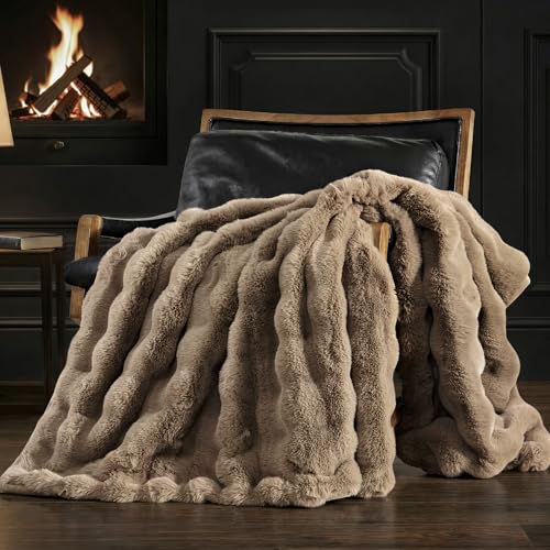 Faux Rabbit Fur Bubble Throw Blanket, 50"x60", Greige | Ultra Soft, Luxury Faux Rabbit Fur Throw, Thick Warm Bubble Blanket, Cozy Fluffy Reversible, for Bed, Couch, Chair, Sofa - color: Greige, size: 50"x60"