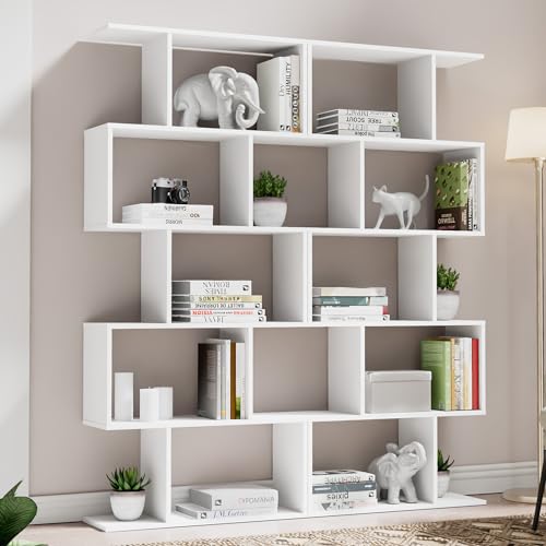 Set of 2 Geometric Bookcase, S-Shaped Modern Bookshelf, Room Divider Bookshelf, 62" Tall Unique Abstract Bookcase with 5-Tier Display Shelf for Living Room Office, White - color: White