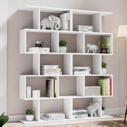 Set of 2 Geometric Bookcase, S-Shaped Modern Bookshelf, Room Divider Bookshelf, 62" Tall Unique Abstract Bookcase with 5-Tier Display Shelf for Living Room Office, White - color: White
