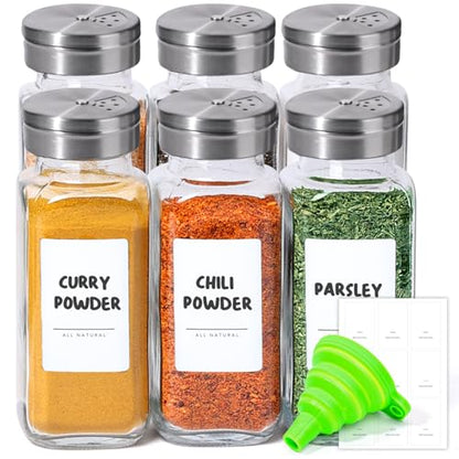 ComSaf Glass Spice Jars with Shaker Lids 8 oz 6 Pack Square | Labels, Seasoning Herbs Powders, Salt Pepper Chili, Spice Rack Organization, Kitchen Cabinet Storage, Funnel Included - color: 8oz*6 Shaker Lids