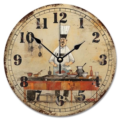 Farmhouse Wooden Wall Clock Vintage Chef Cooking Kitchen Large Wall Clocks Battery Operated 12 Inch Wall Clock Silent Non-Ticking Modern Decor for Living Room Bedroom Office - color: Style, size: 12x12 in