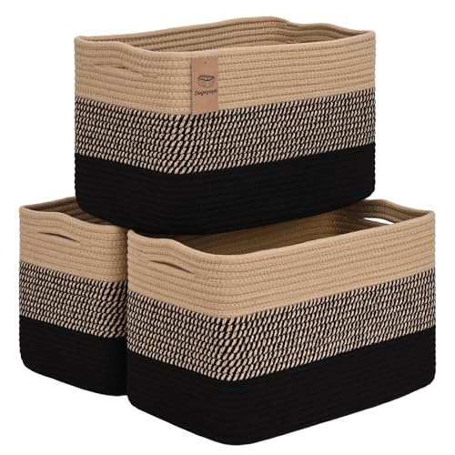 Baskets for Organizing, Storage Baskets, 3 Pack Baskets for Shelfves, 15"×10"×9" Woven Basket, toy storage bins, bins for organization - color: Black&Brown