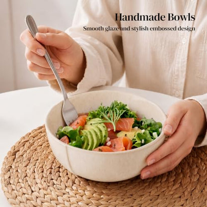 DOWAN 32 OZ Soup Bowls Set of 4, 6" Large Deep Ceramic Bowls with Embossed Sesame Glaze for Kitchen, Oatmeal, Soup, Salad, Fruit, Dishwasher & Microwave Safe