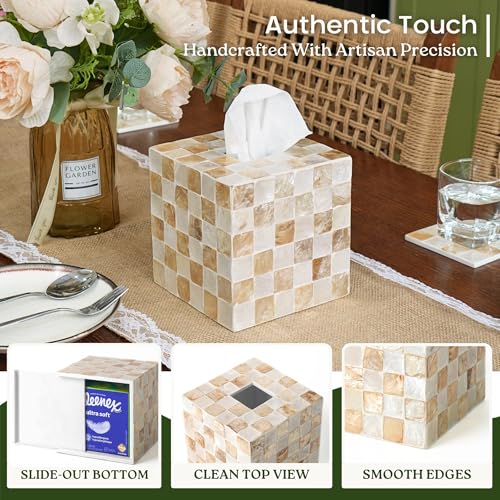 5.5" Tissue Box Cover Square, Capiz Shell Tissue Holder, Ivory | Bottom Slider, Checkerboard Cube Tissue Box Holder For Kleenex, Neutral Beige Square Tissue Box Cover Bathroom, Coffee Table - color: Ivory