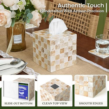5.5" Tissue Box Cover Square, Capiz Shell Tissue Holder, Ivory | Bottom Slider, Checkerboard Cube Tissue Box Holder For Kleenex, Neutral Beige Square Tissue Box Cover Bathroom, Coffee Table - color: Ivory