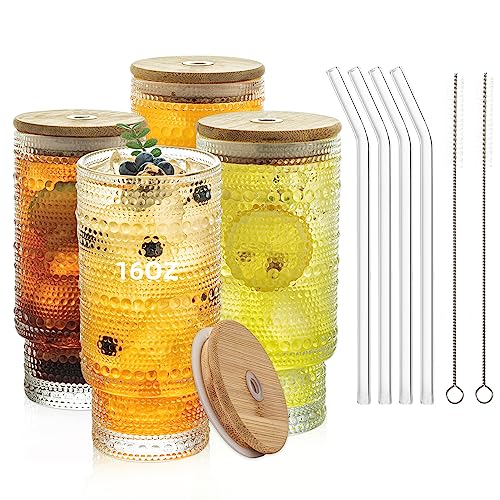 KEMORELA 16oz Hobnail Drinking Glasses with Lids and Straws,4 pack Vintage Glasses Tumbler Cups for Iced Coffee,Tea Glasses,Beer,Cocktail,Ideal for Whiskey,Slip-resistant Embossed Surface - color: Clear
