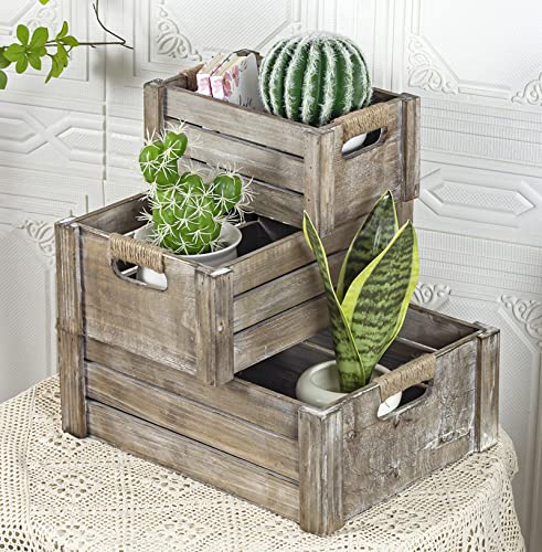 TIMRIS Set of 3 Rustic Wood Nesting Crates, Farmhouse Wooden Storage Container Boxes with Cutout Handles, Decorative Wooden Baskets for Display (Rustic Gray) - color: Rustic Gray