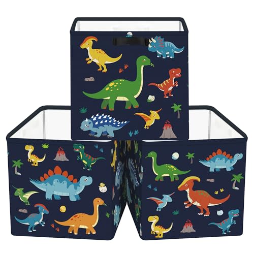 Clastyle 11.8" Dinosaur Storage Basket Set of 3 for Kid Boy Toy Clothes Bin | Collapsible Fabric Book Bin, Metal Frame Bottom Board, Cube Organizer, Closet Nursery Pantry Shelf Bedroom, Black Dino - color: Black