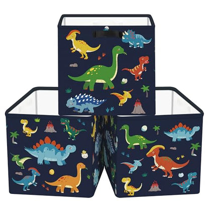 Clastyle 11.8" Dinosaur Storage Basket Set of 3 for Kid Boy Toy Clothes Bin | Collapsible Fabric Book Bin, Metal Frame Bottom Board, Cube Organizer, Closet Nursery Pantry Shelf Bedroom, Black Dino - color: Black