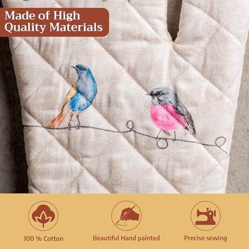Maison d'Hermine Oven Gloves 100% Cotton Oven Mitt 7" x 13" with Loop Heat Resistant, BBQ, Cooking Gloves, Baking, Grilling, Kitchen, Handling Hot Pans Spring/Summer (Pack of 1, Birdies On Wire) | With Loop Heat Resistant BBQ Cooking Gloves Baking Grillin