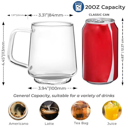Aquach 20oz Stackable Glass Mugs Set of 2, Large Clear Coffee Tea Cups | Dishwasher/Microwave Safe, Borosilicate Glass, Comfort Handle, Smooth Rim, Stackable, Large Capacity - size: 20 oz