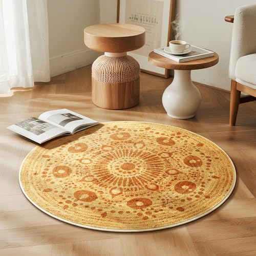 Carvapet 3ft Small Round Accent Rug - Smooth Flat Printed Faux Jute Circle Carpet, 36-Inch Low Pile Washable Skid-Resistant Floor Mat for Indoor Plant Pot Vanity Stool Pet Corner Entryway Bedside - color: S-brown, size: 3' (Round)