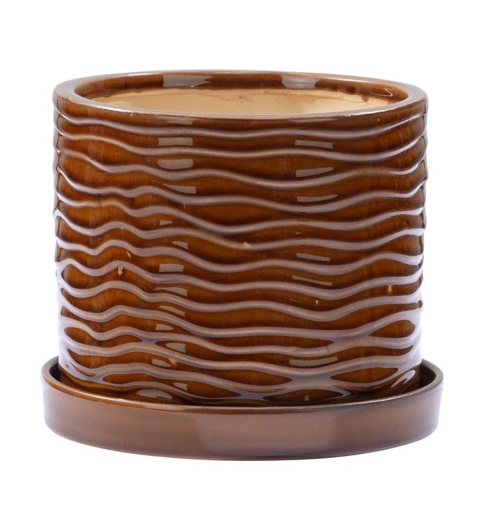 Napco Modern Textured Ceramic Planter with Drainage & Saucer – Large 6.25 x 6.25 Inch Glossy Brown Flower Pot with Wavy Embossed Design, Contemporary Home Décor for House Plants, Succulents & Herbs - size: Large