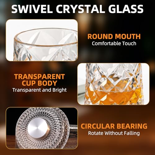 Luxury 360° Spinning Crystal Whiskey Glass Set Of 2, Rotating Old Fashioned Rocks Glasses & & 4 Color Lighting, Scotch & Bourbon, Cocktail Glasses for Bar, Party, Home, and Gift (Diamond) - color: Diamond