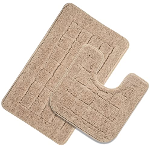 HEBE Bathroom Rug Set 2 Piece, Non Slip Washable Microfiber Bath Mat Set | Super Soft Absorbent Bathroom Mats, Fluffy Bath Rug with U-Shaped Contour Toilet Mat Set for Tub, Shower, Beige