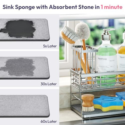 SWTYMIKI Kitchen Sink Caddy Organizer, 2 Tier Sponge Holder for Kitchen Sink with Instant Drying Stone, Removable Brush Holder for Fast Drying on Countertop, Silver - color: Silver-2 Tier