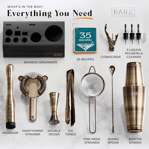 BARE BARREL® Mixology Bartender Kit Bar Set | 14-Piece Cocktail Shaker Set | Martini Barware Mixing Tools for Home Bartending | Incl. 35 Recipe Cards | Gift Set (28oz Boston Shaker, Brass/Black) - color: Brass/Black