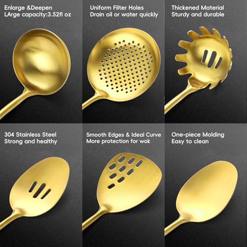 Izurok 18/10 Stainless Steel Kitchen Utensils Set,6 Piece Cooking Utensils With Wood Handle,Heat Resistant Kitchen Tool Set With Spatula, Spoon, Ladle, Skimmer, Slotted Spoon, Pasta - color: GOLD-6 Pieces, size: Small