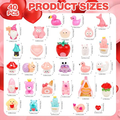 FOIMAS 40pcs Mini Resin Valentine's Day Figures, Valentine Mini Resin Animals Love Heart Figurines for Home Decoration