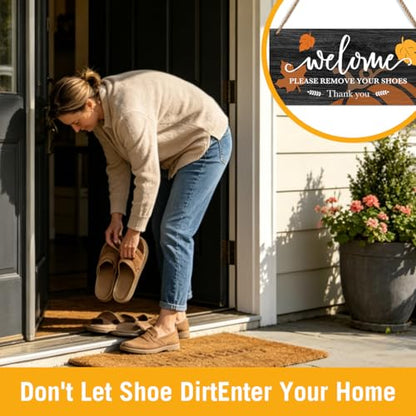 Welcome Please Remove Your Shoes Wooden Door Sign, 12x5 Inch Rustic Entryway Hanging Decor for Front Porch Farmhouse Home -A02
