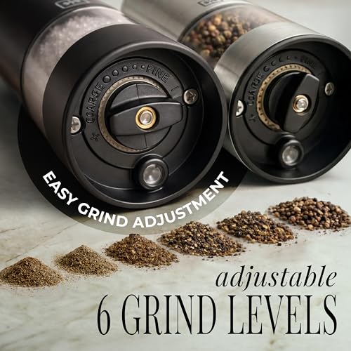 Styled Settings Rechargeable Salt and Pepper Grinder Set, Black & Silver | Electric Salt and Pepper Shaker Set with USB-C Port, LED Light, Adjustable Coarseness, One Touch Control, Automatic Mill - color: Black, Silver