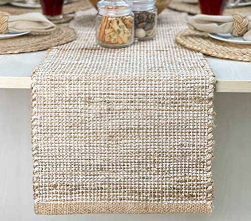 Natural Jute Table Runner 13x90 Inch – Vintage Boho Rustic Table Decor – Handwoven Table Runner in Natural Jute and Ivory – Farmhouse Dining or Console Table Accent - color: Natural Jute-ivory, size: 13x90 Inch.