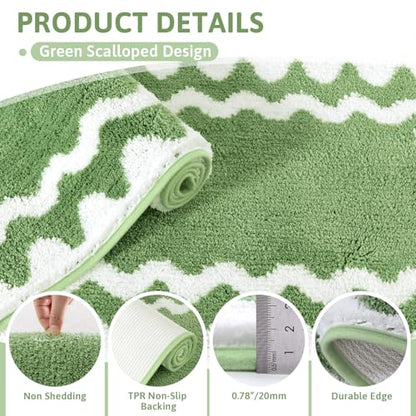 Findosom Bathroom Rugs Sets 5 Piece, Absorbent Soft Non-Slip Bath Rug Set | Washable Microfiber Shaggy Bath Mat Set with Bathroom Runner Rug, U-Shaped Toilet Rugs, Shower Rug & Toilet Lid Cover, Green - color: Green & White, size: 18"x26"+20"x32"+20"x48"+