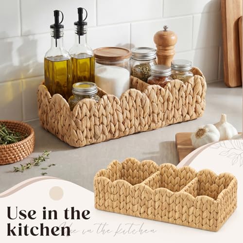 Novabright 2 Pack Toilet Tank Basket, Scalloped Wicker Storage with 3 Compartments, Hand Woven Water Hyacinth Tank Topper for Toilet Paper Storage, Bathroom Shelves, Countertop Organizer