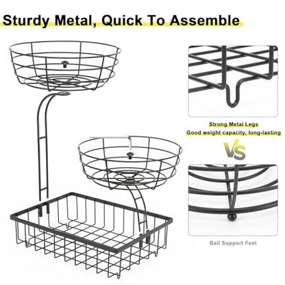 3 Tier Countertop Fruit Vegetable Basket Bowl Storage, Solid Metal Kitchen Counter Organizer for Storing Fruits, Veggies, Bread, Snacks (Black)