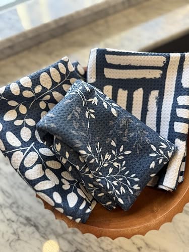 Kitchen Towels, Dish Towels for Kitchen, 3 Pc Kitchen Towel Set | Microfiber Waffle Towels, 16 x 26 inches, with Hanging Loops, Reusable Tea Towels, Cute Kitchen Towels - 3 Pack - color: Navy/Tan