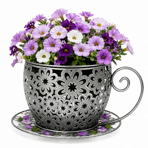 Coffee Cup Planter Pot Metal Teacup Flower Pot for Indoor Outdoor Garden Patio Decor, Vintage Hollow Floral Pattern with Saucer and Handle, Stable 10 Inch Wide Base, Silver - color: Silver